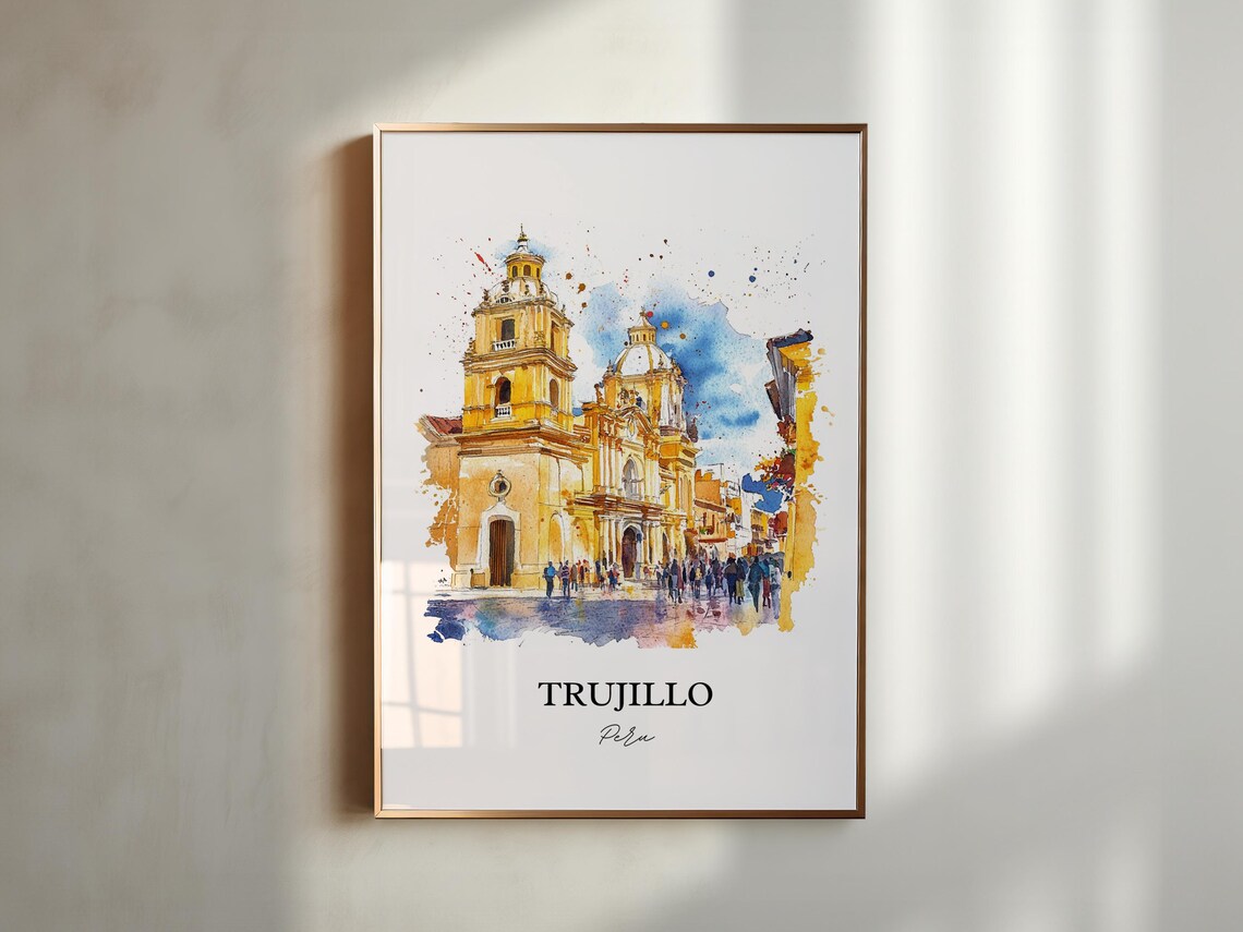 Trujillo Peru Golden Colonial Church Watercolor Travel Poster - Image 5