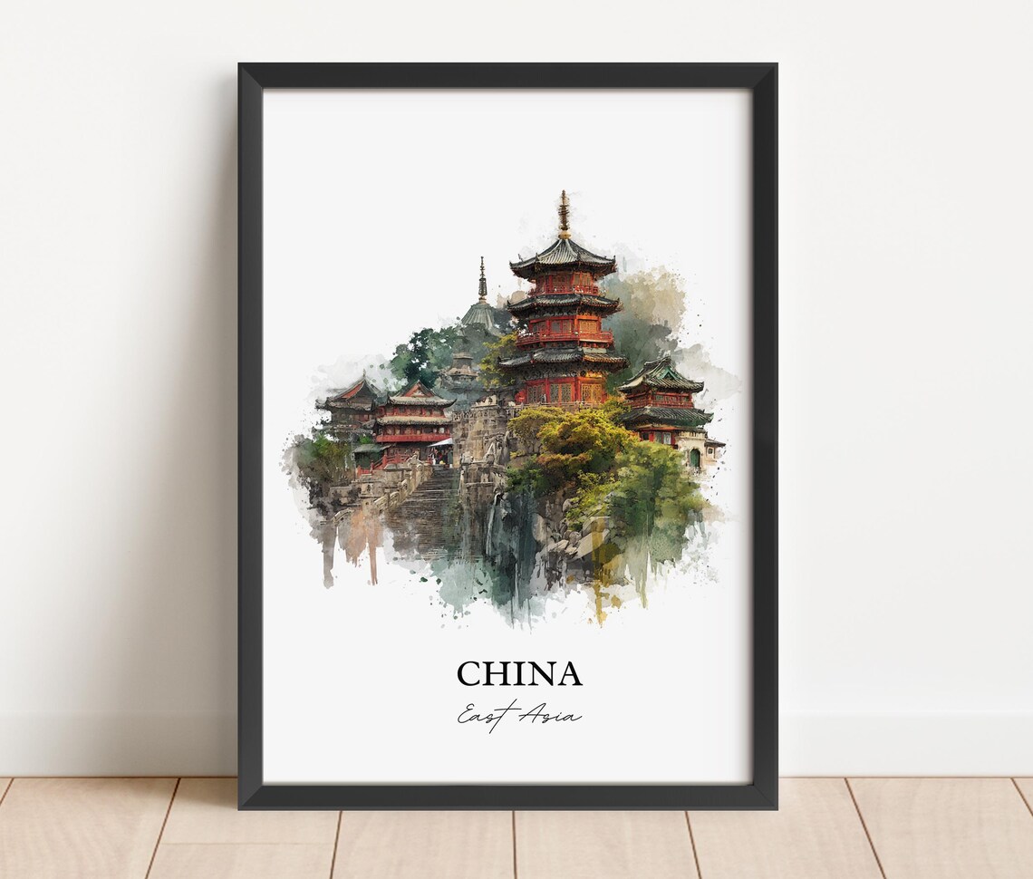 China East Asia Red Pagoda Temple Hill Watercolor Travel Poster - Image 4