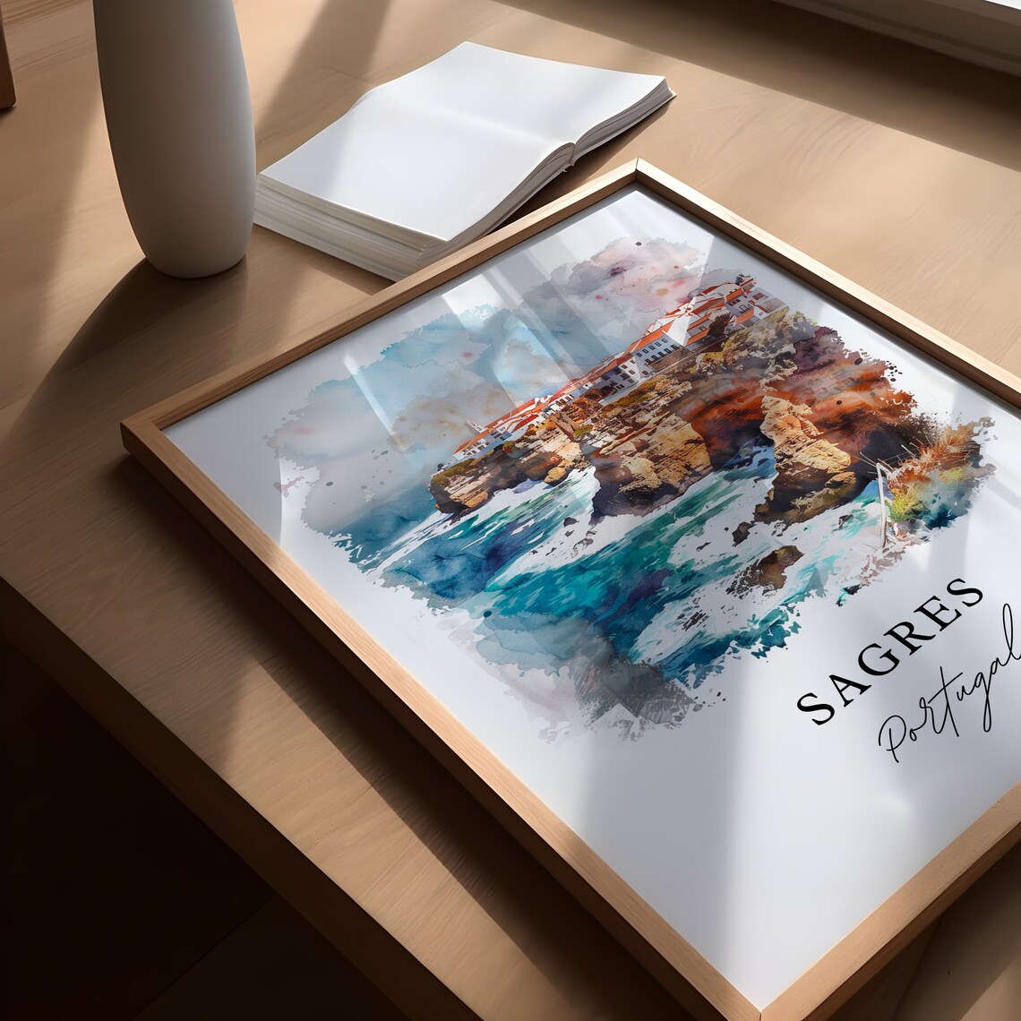 Sagres Portugal Watercolor Cliffs Crashing Waves Village Poster - Image 5