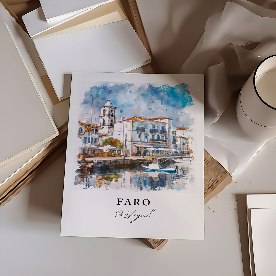 Faro Portugal Algarve Marina Harbor Watercolor Travel Poster - Image 6