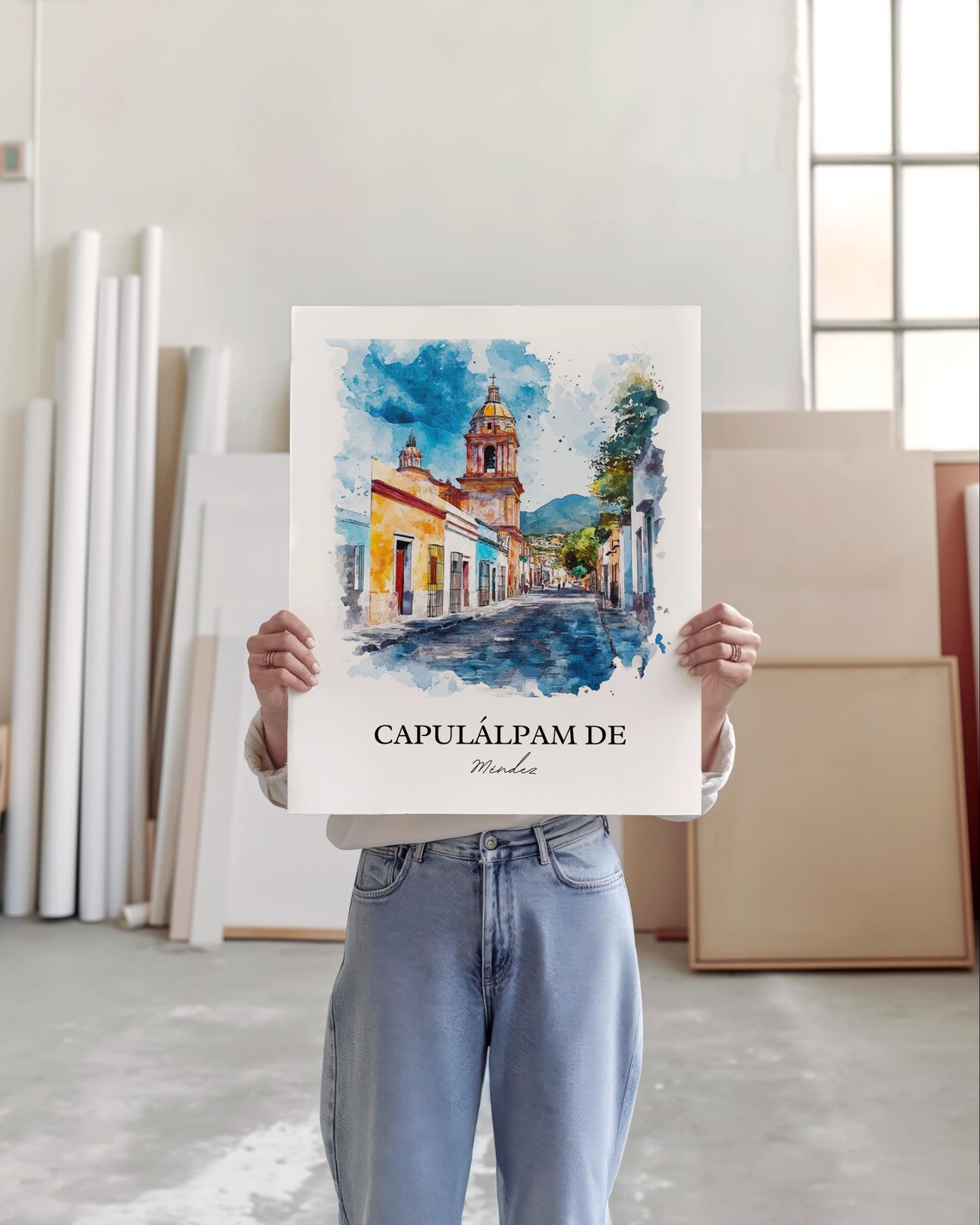 Capulalpam de Mendez Oaxaca Cobblestone Street Watercolor Poster - Image 3