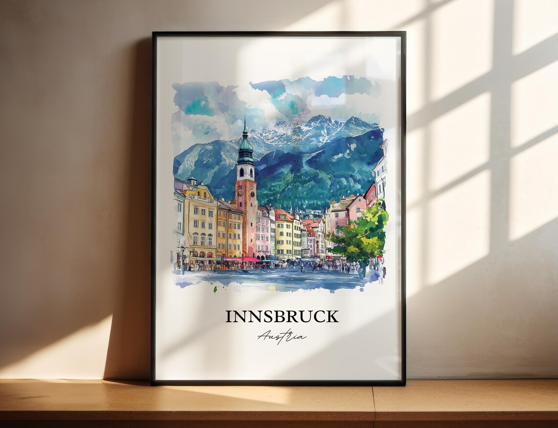 Innsbruck Austria Alpine Old Town Tower Watercolor Travel Poster