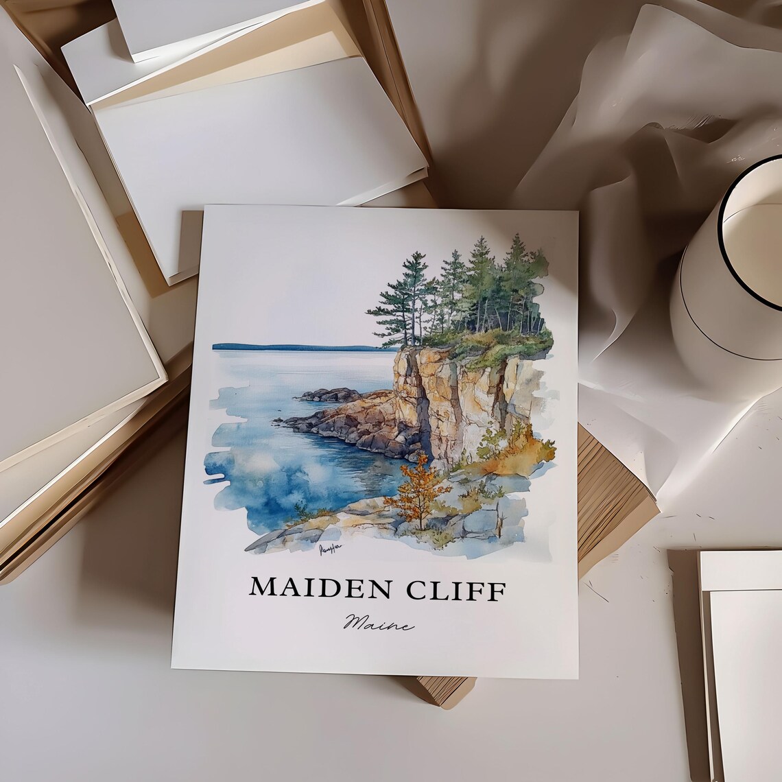Maiden Cliff Maine Coastal Rock Cliff Shoreline Watercolor Poster - Image 5