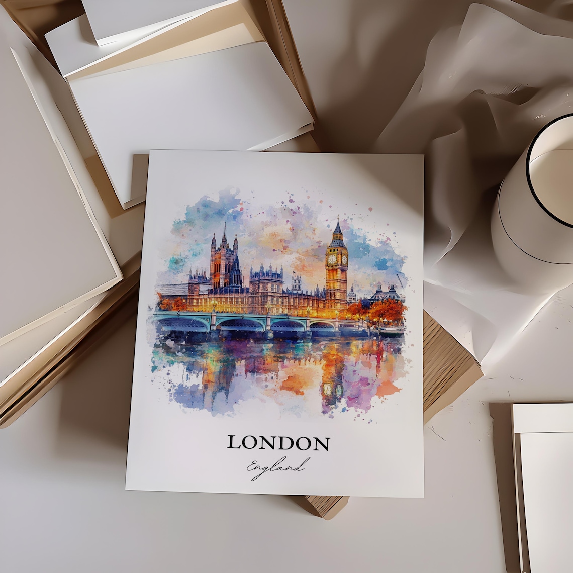 London England Watercolor Big Ben Parliament Thames Travel Poster - Image 3