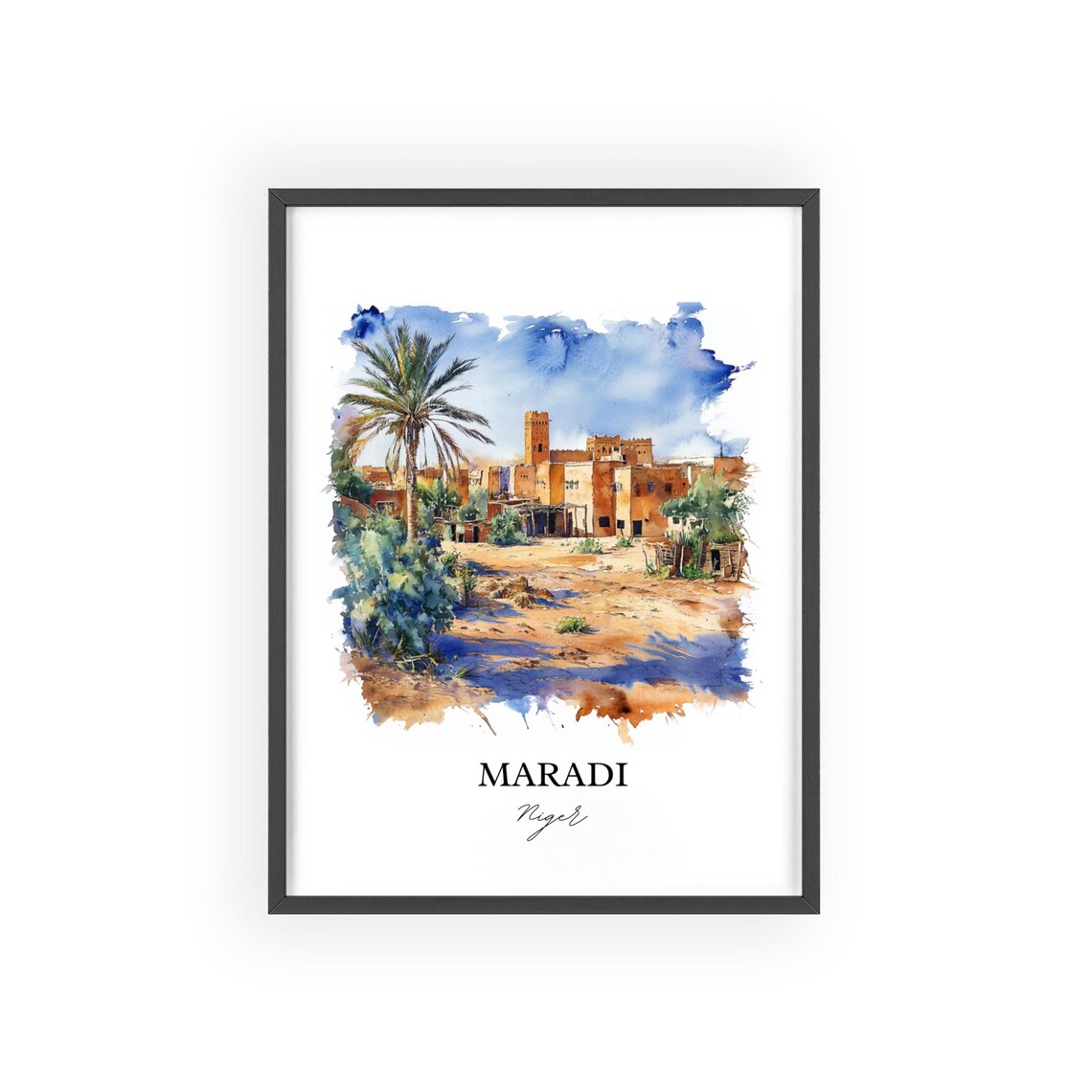 Maradi Niger Desert Town Palm Oasis Watercolor Scene Art Poster - Image 2