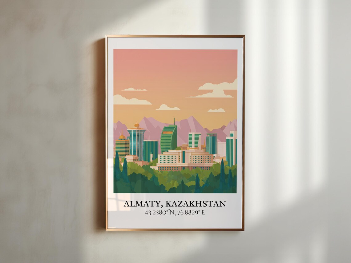 Almaty Kazakhstan Mountain Skyline Sunset Retro Travel Poster - Image 4