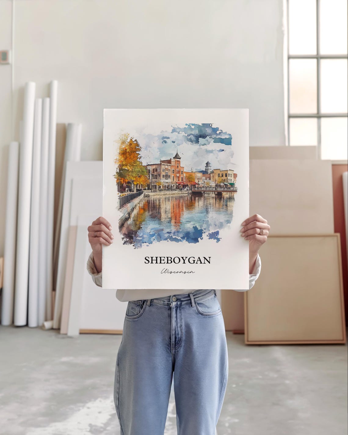 Sheboygan Wisconsin Watercolor Riverfront Downtown Autumn Trees Poster - Image 4