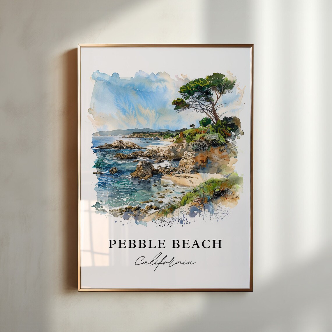 Pebble Beach California Rocky Coastline Cypress Watercolor Poster