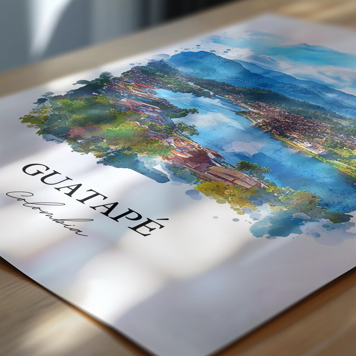 Guatape Colombia Watercolor Aerial Lake Town View Scene Poster - Image 6