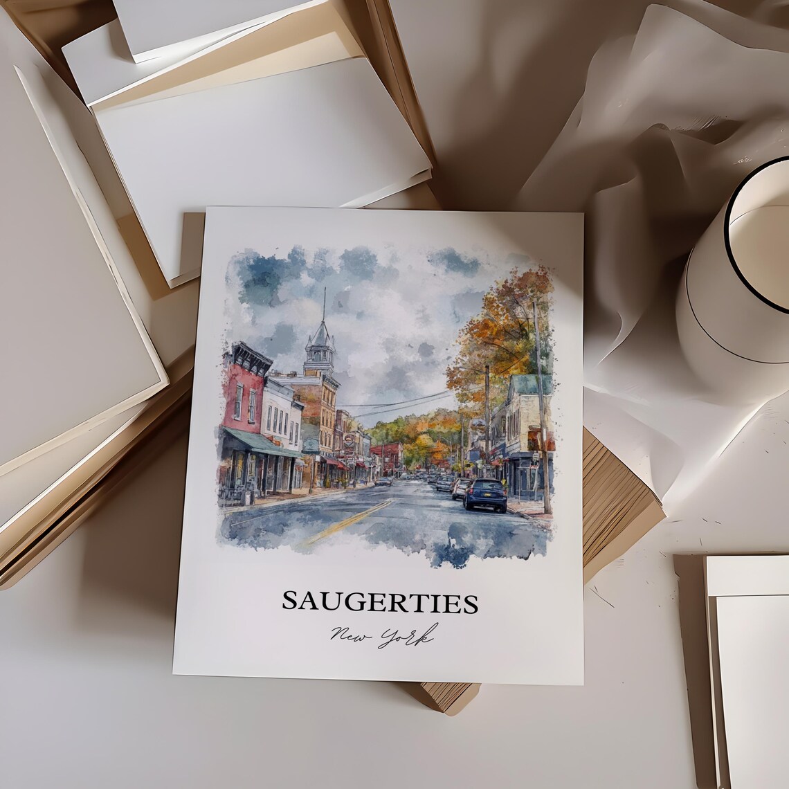 Saugerties New York Autumn Main Street Clock Tower Watercolor Poster - Image 3