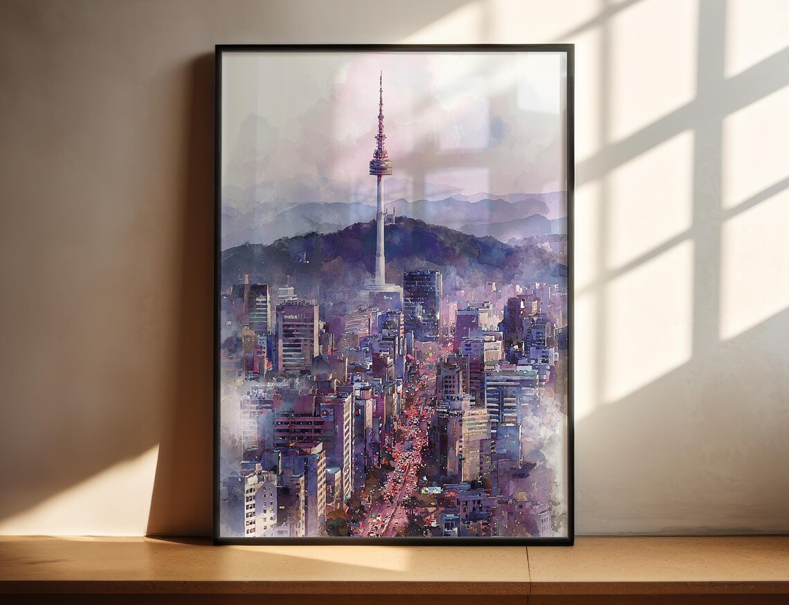 Observation Tower City Hills Watercolor Urban Panorama Wall Poster