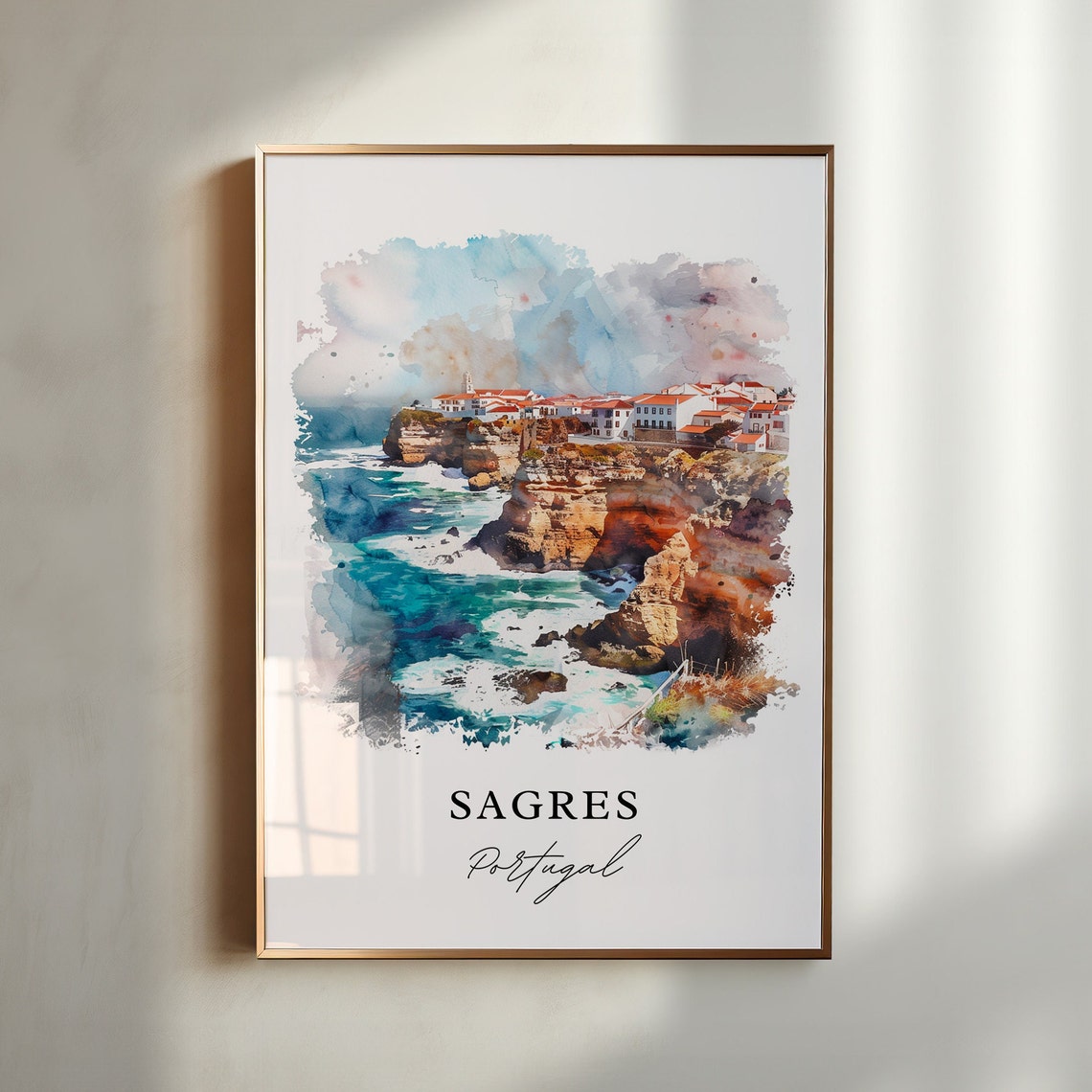 Sagres Portugal Watercolor Cliffs Crashing Waves Village Poster