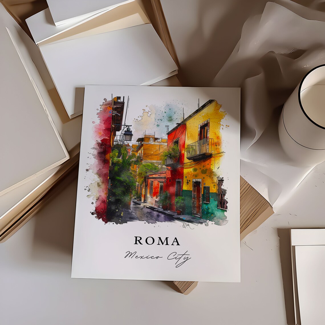 Roma Mexico City Cobblestone Colonial Street Watercolor Poster - Image 6