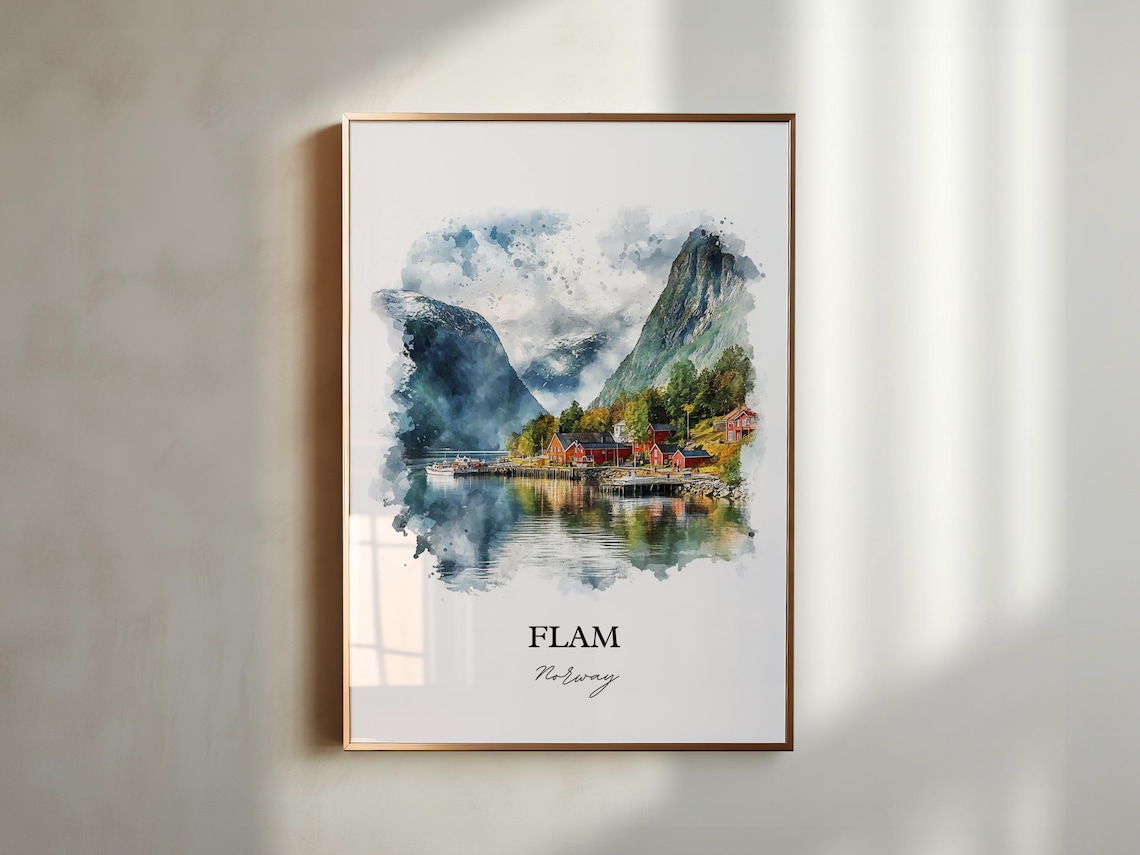 Flam Norway Watercolor Fjord Village Red Cabins Travel Poster - Image 4