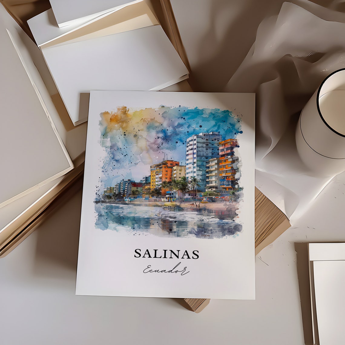 Salinas Ecuador Beachfront Towers Bay Shore Watercolor Poster - Image 5