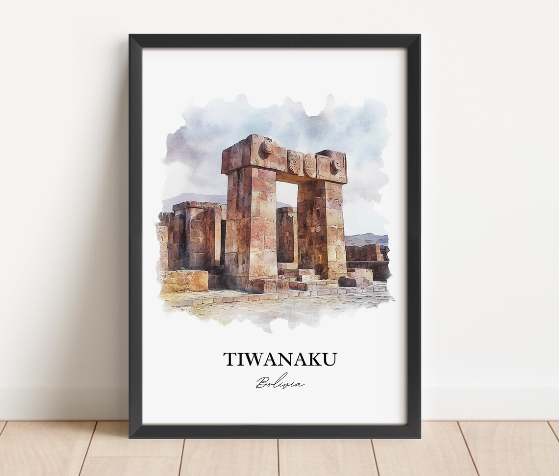 Tiwanaku Bolivia Ancient Ruins Gate of the Sun Watercolor Art Poster - Image 5