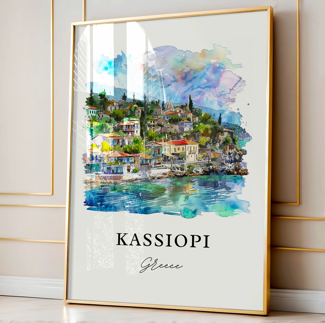 Kassiopi Corfu Greece Coastal Village Harbor Watercolor Poster - Image 4