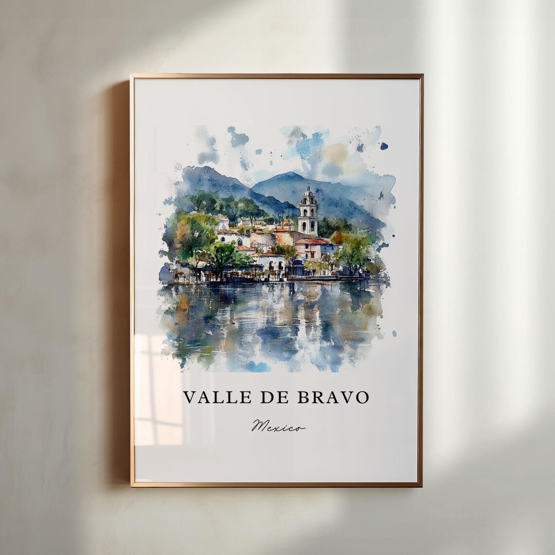 Valle de Bravo Mexico Lakeside Village Church Tower Watercolor Poster
