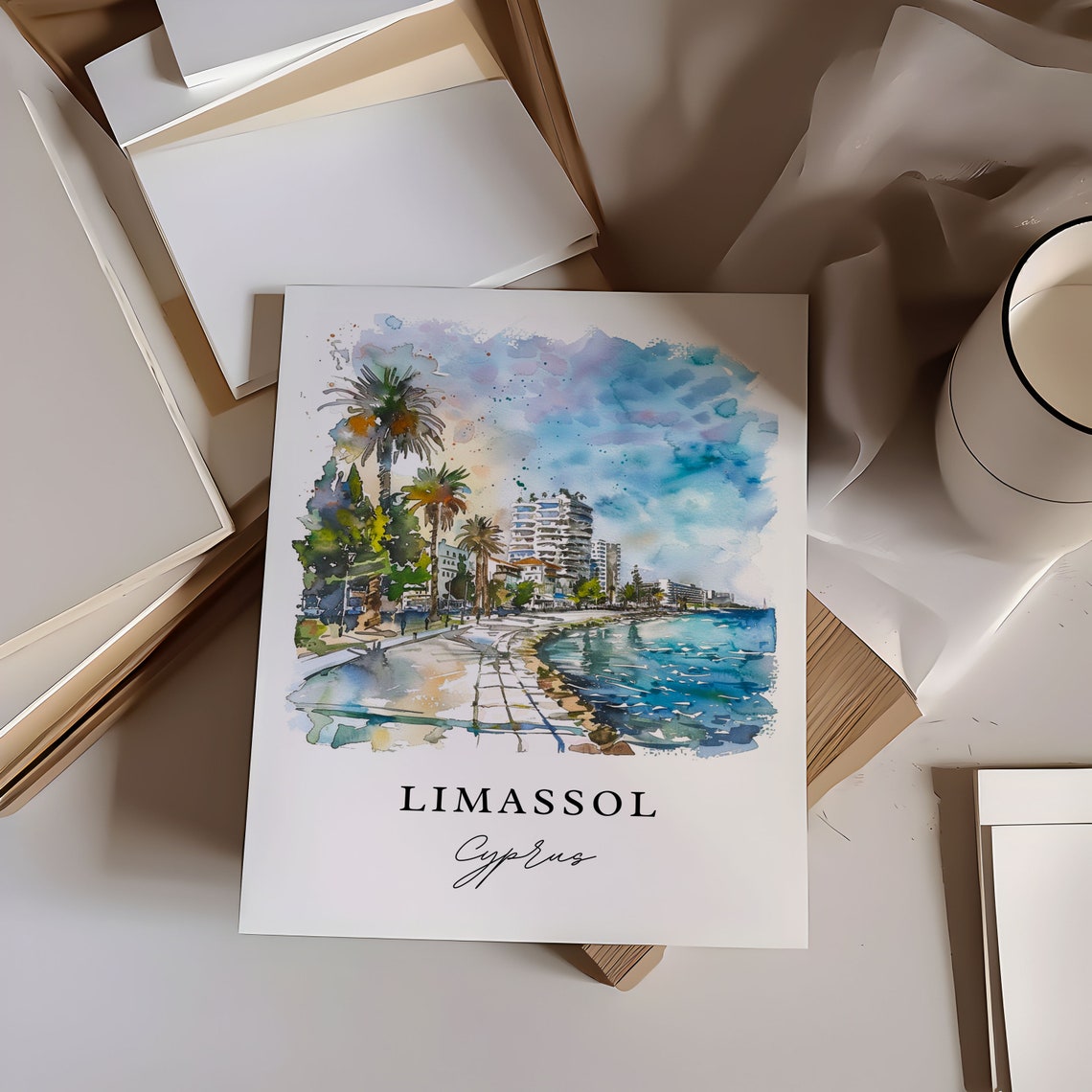 Limassol Cyprus Watercolor Seaside Promenade Palm Trees Poster - Image 6