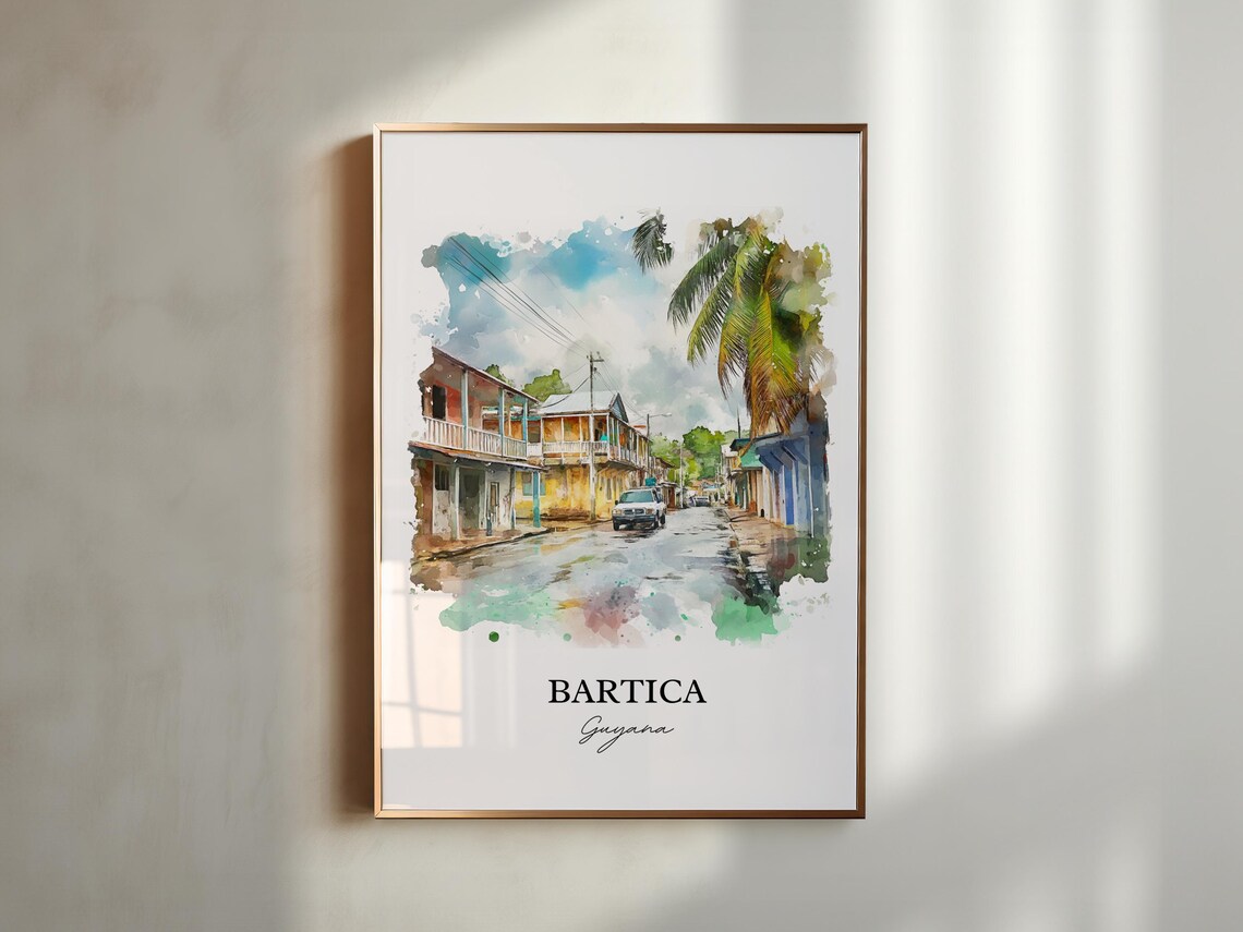 Bartica Guyana Watercolor Tropical Street Palm Houses Scenic Poster - Image 5