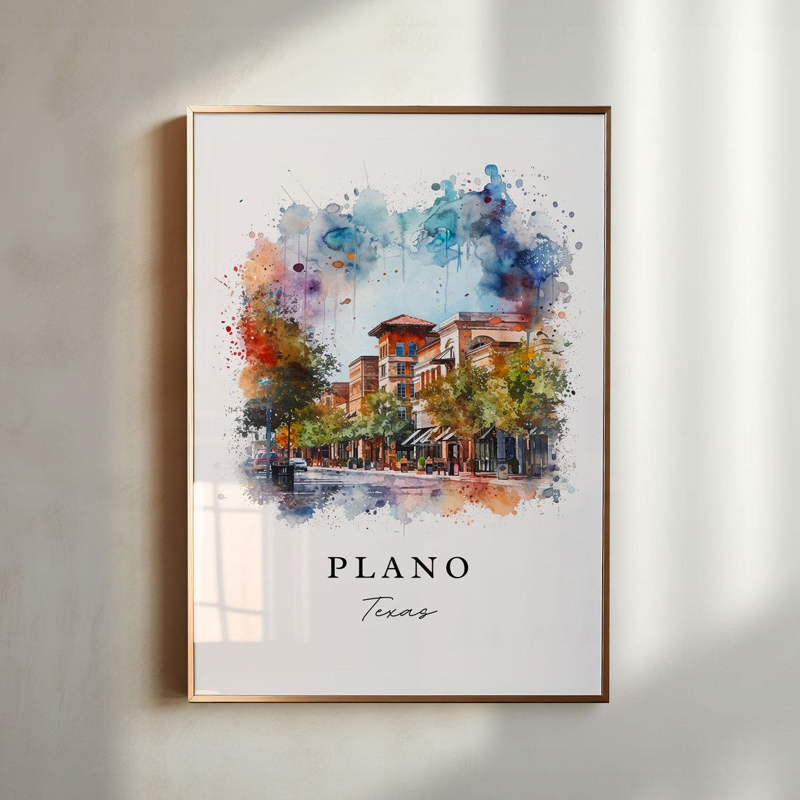 Plano Texas Downtown Main Street Storefronts Watercolor Poster