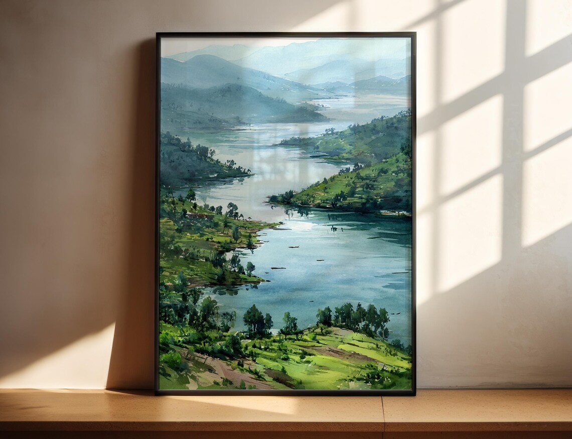 Lake Kivu Emerald Green Hills Serene Watercolor Lake View Poster