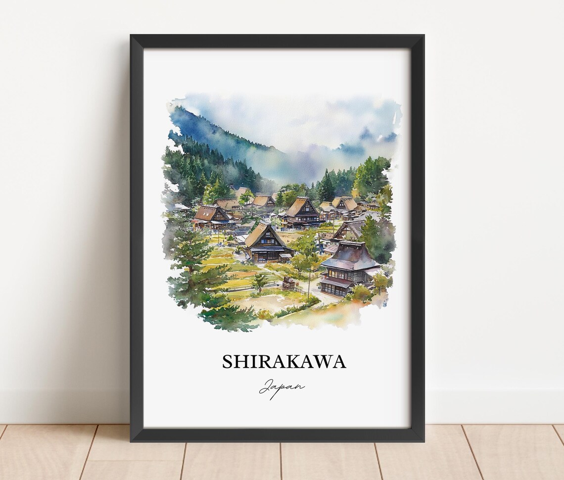 Shirakawa Japan Watercolor Thatched Roof Village Mountain Poster - Image 3