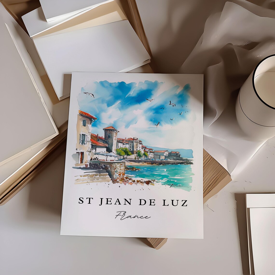 St Jean de Luz Coastal Harbor Town Watercolor France Travel Poster - Image 6