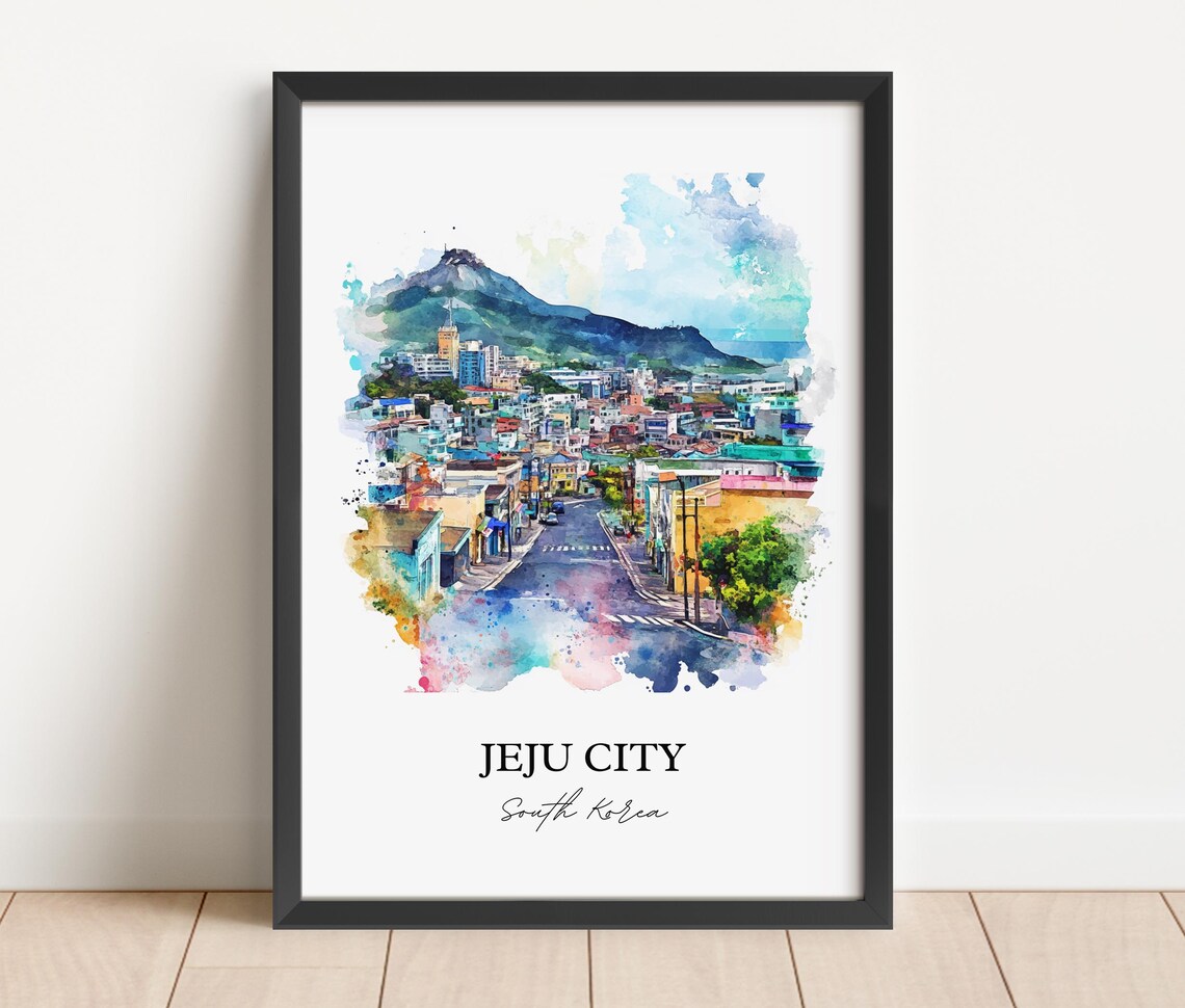 Jeju City South Korea Mountain City Watercolor Travel Poster - Image 3