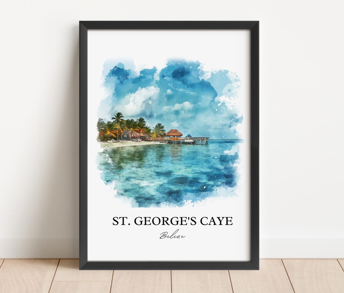 St Georges Caye Belize Beach Watercolor Tropical Ocean Scene Poster - Image 2