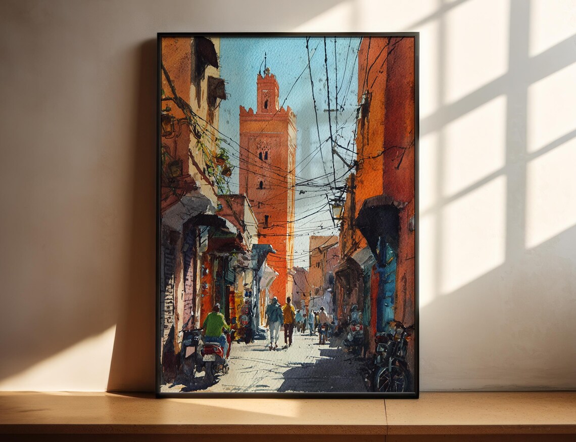 Moroccan Medina Street With Minaret Watercolor Travel Poster