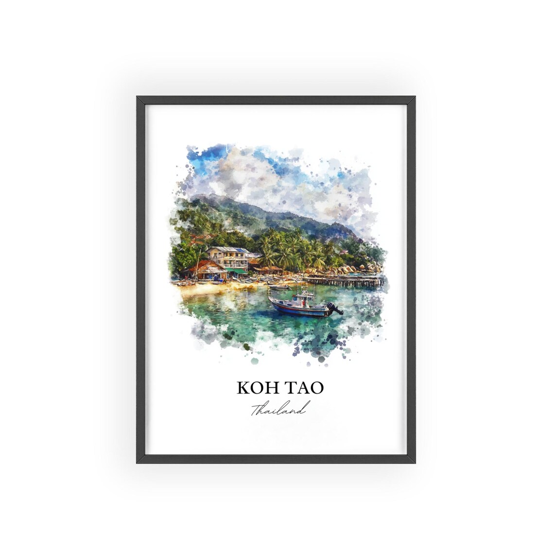 Koh Tao Thailand Watercolor Tropical Beach Fishing Boat Art Poster - Image 2