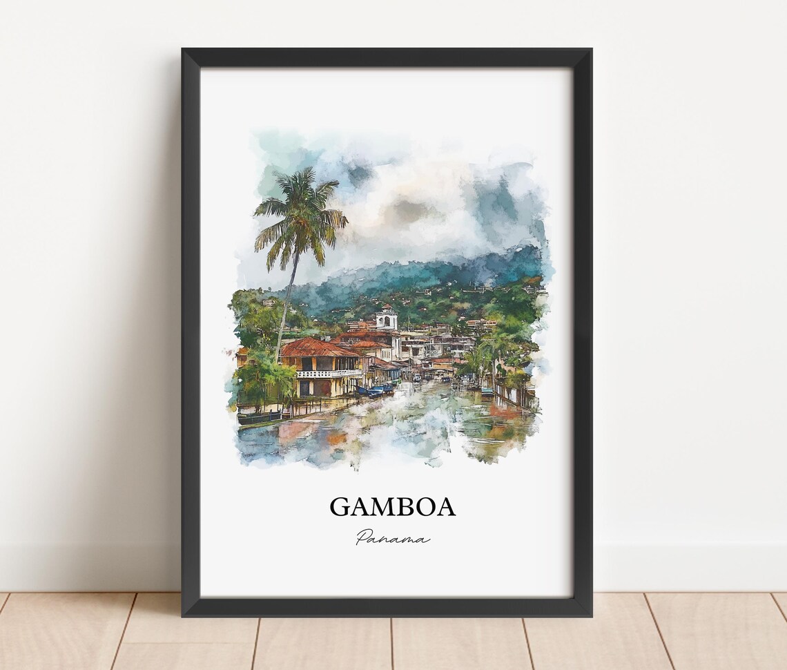 Gamboa Panama Riverfront Town Church Tower Watercolor Travel Poster - Image 2