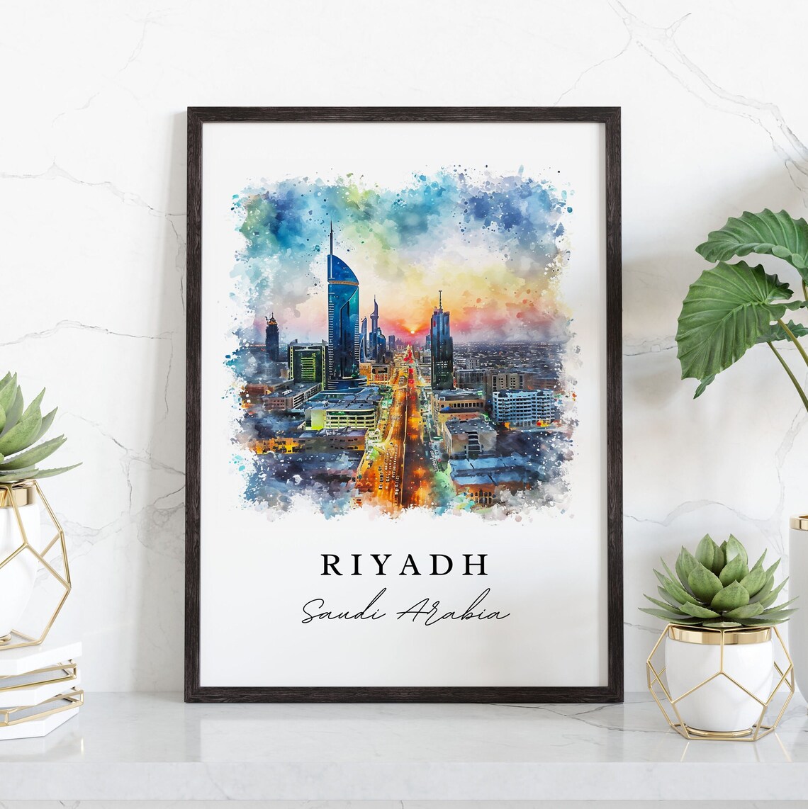 Riyadh Saudi Arabia Watercolor Sunset Skyline Kingdom Tower City Travel Poster - Image 3