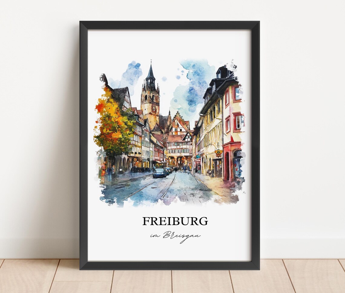Freiburg im Breisgau Old Town Street Watercolor Travel Poster - Image 3