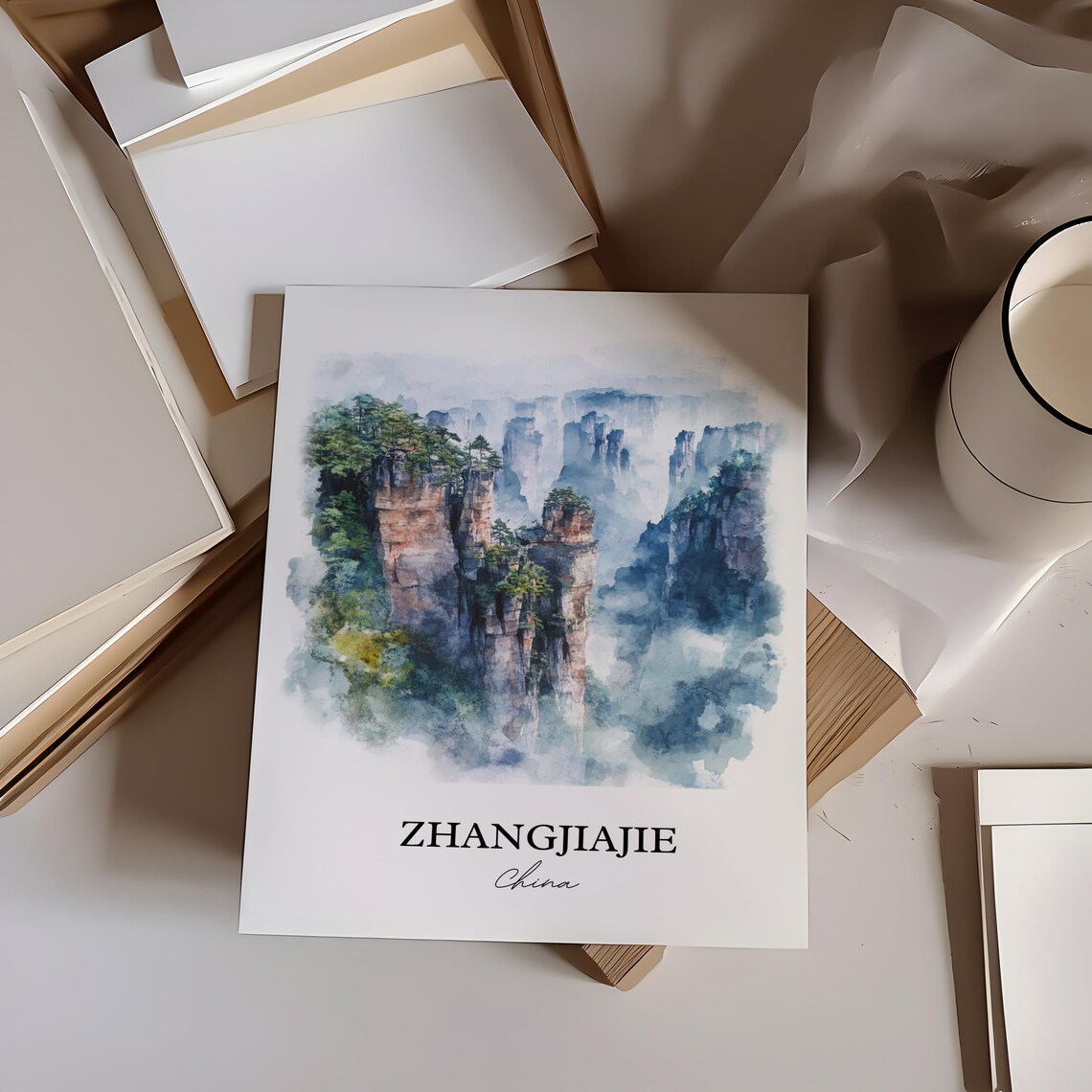 Zhangjiajie China Watercolor Sandstone Pillars Misty Peaks Poster - Image 6