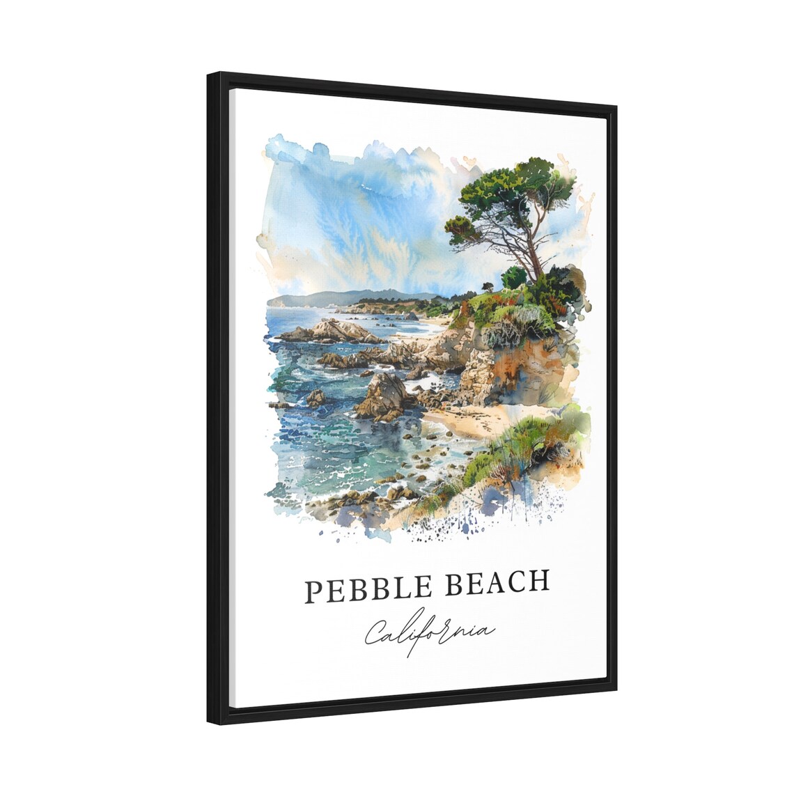 Pebble Beach California Rocky Coastline Cypress Watercolor Poster - Image 2