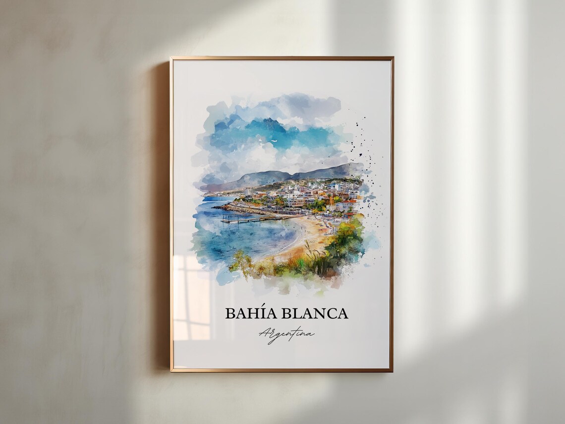 Bahia Blanca Argentina Watercolor Curved Bay Beach Scene Poster - Image 4