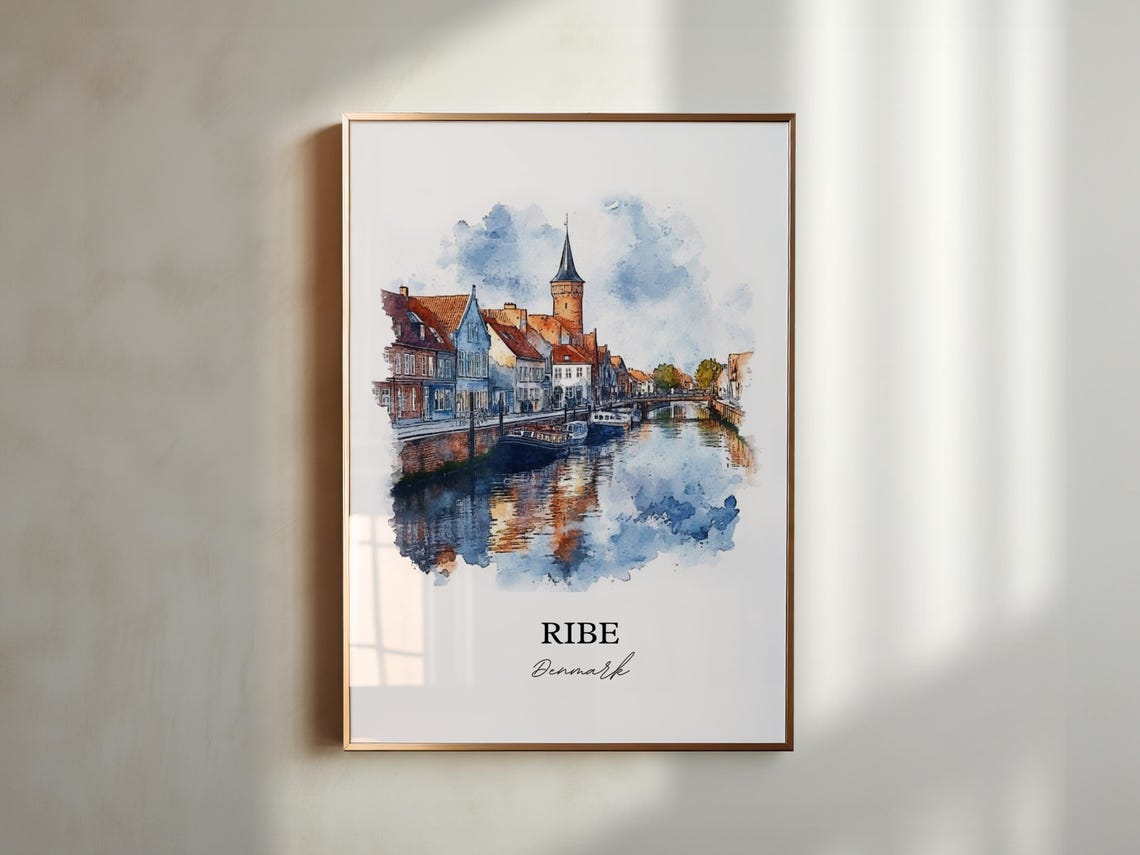 Ribe Denmark Old Town Canal and Church Tower Watercolor Poster - Image 4