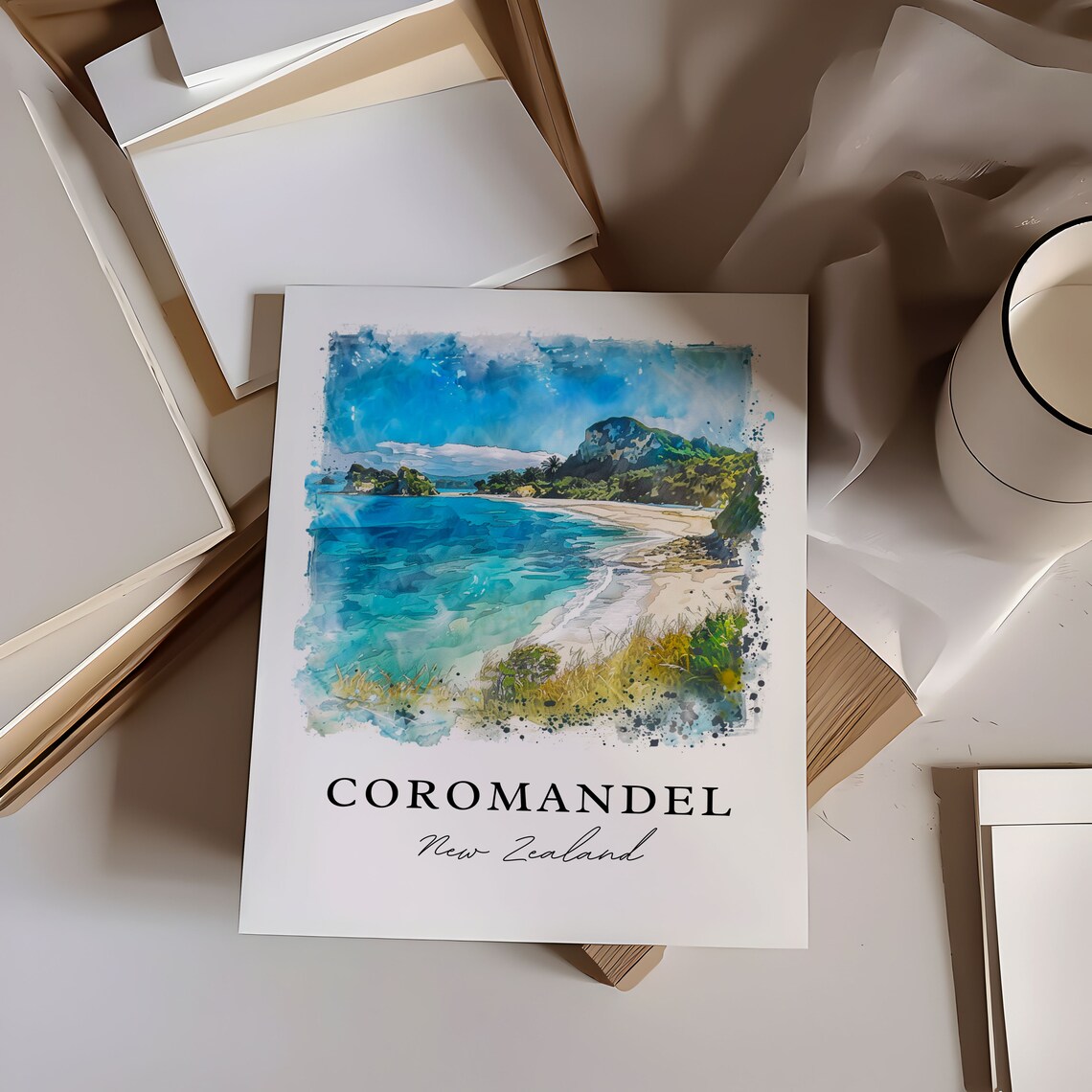 Coromandel New Zealand Turquoise Beach Watercolor Coastal Poster - Image 5