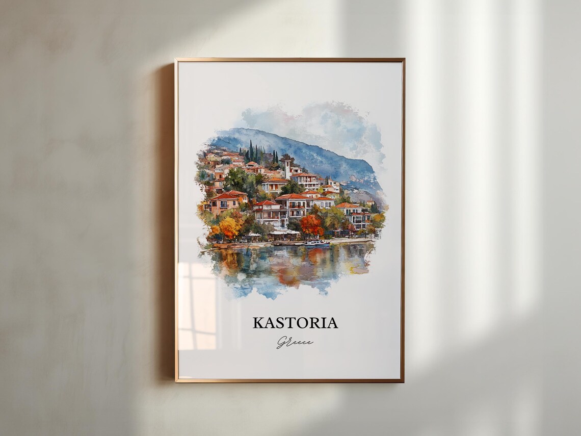 Kastoria Greece Watercolor Lakeside Town Mountain Reflection Poster - Image 4