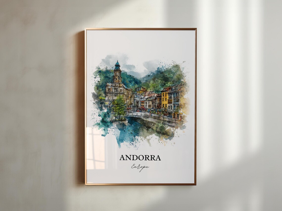 Andorra Old Mountain Town River Watercolor Europe Travel Poster - Image 5