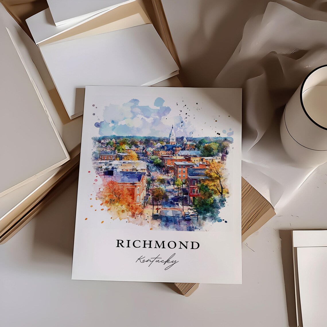 Richmond Kentucky Watercolor Town Clock Tower Autumn Art Poster - Image 6