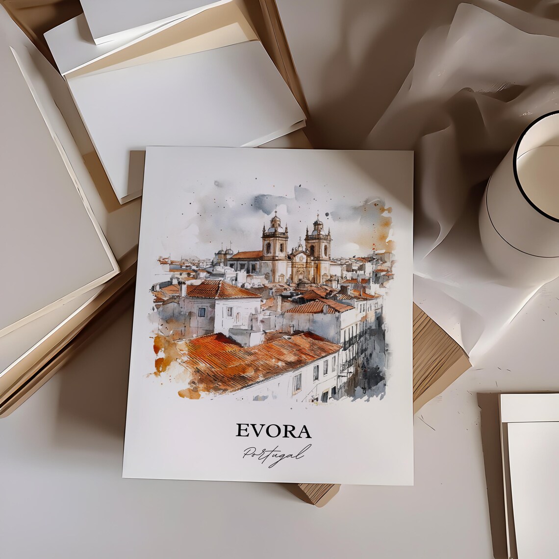 Evora Portugal Watercolor Rooftops Church Towers Historic Town Poster - Image 3