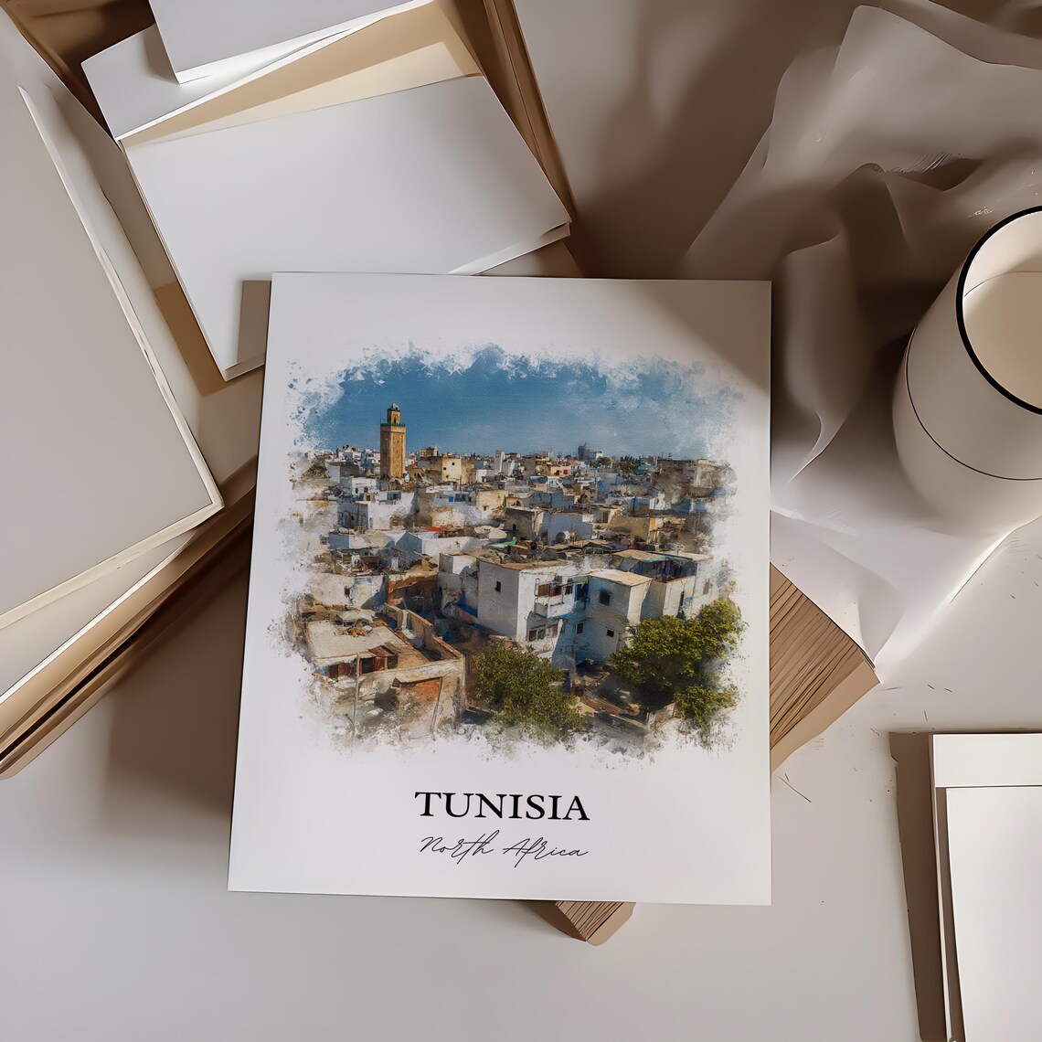 Tunisia North Africa White Medina Skyline Watercolor Travel Poster - Image 4