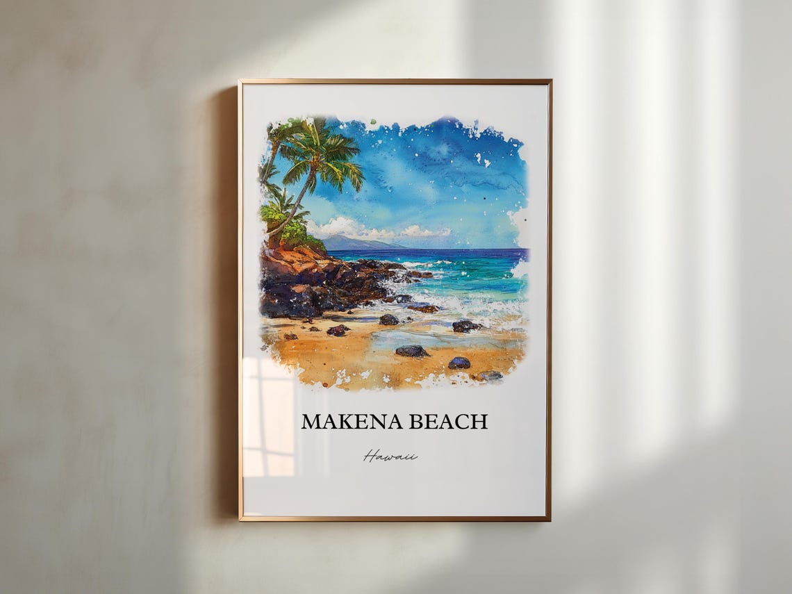 Makena Beach Hawaii Palms Lava Rocks Turquoise Waves Watercolor Poster - Image 5