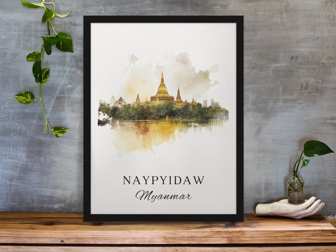 Naypyidaw Myanmar Watercolor Golden Pagoda Reflection Poster - Image 3