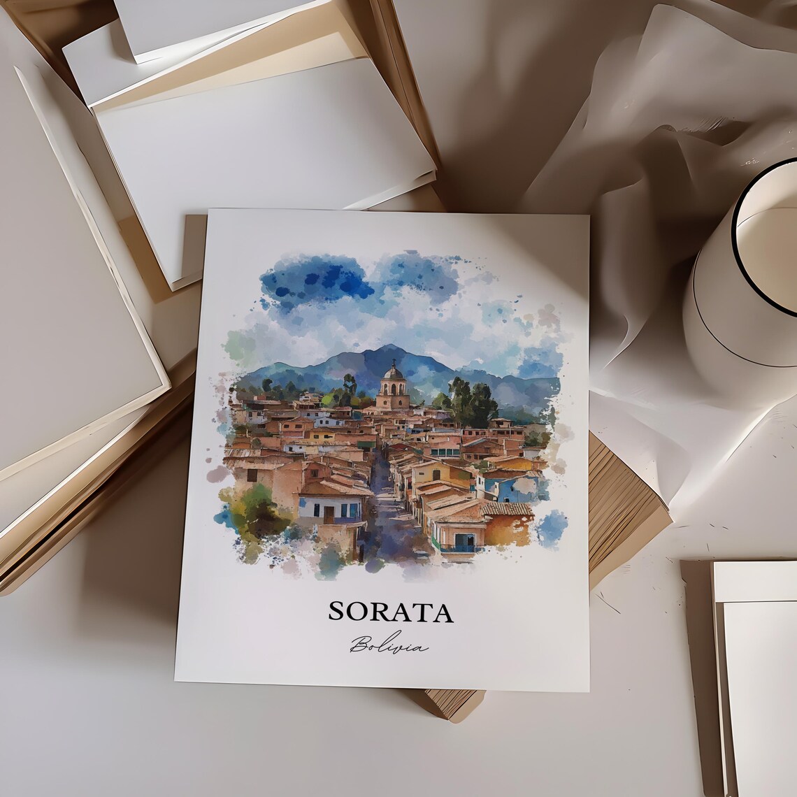 Sorata Bolivia Watercolor Andean Town Church Mountain Travel Poster - Image 4