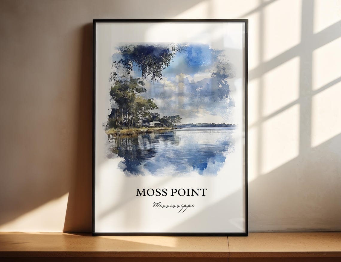 Moss Point Mississippi Calm Bay Water Trees Watercolor Art Poster