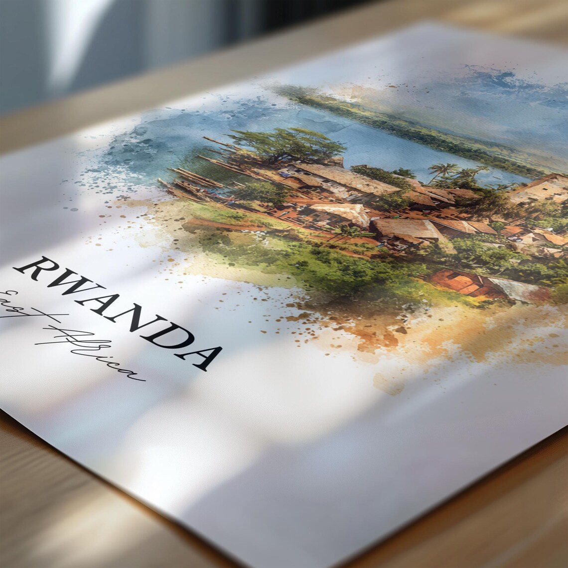 Rwanda East Africa Watercolor Lakeside Village Hills Travel Poster - Image 6
